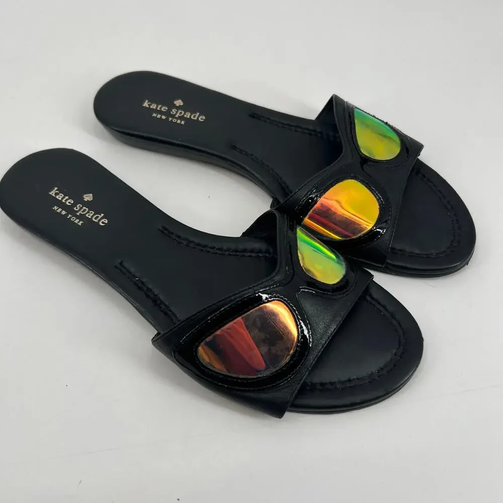 Kate Spade black leather slide on sandals iridescent sunglass shaped embellish 9